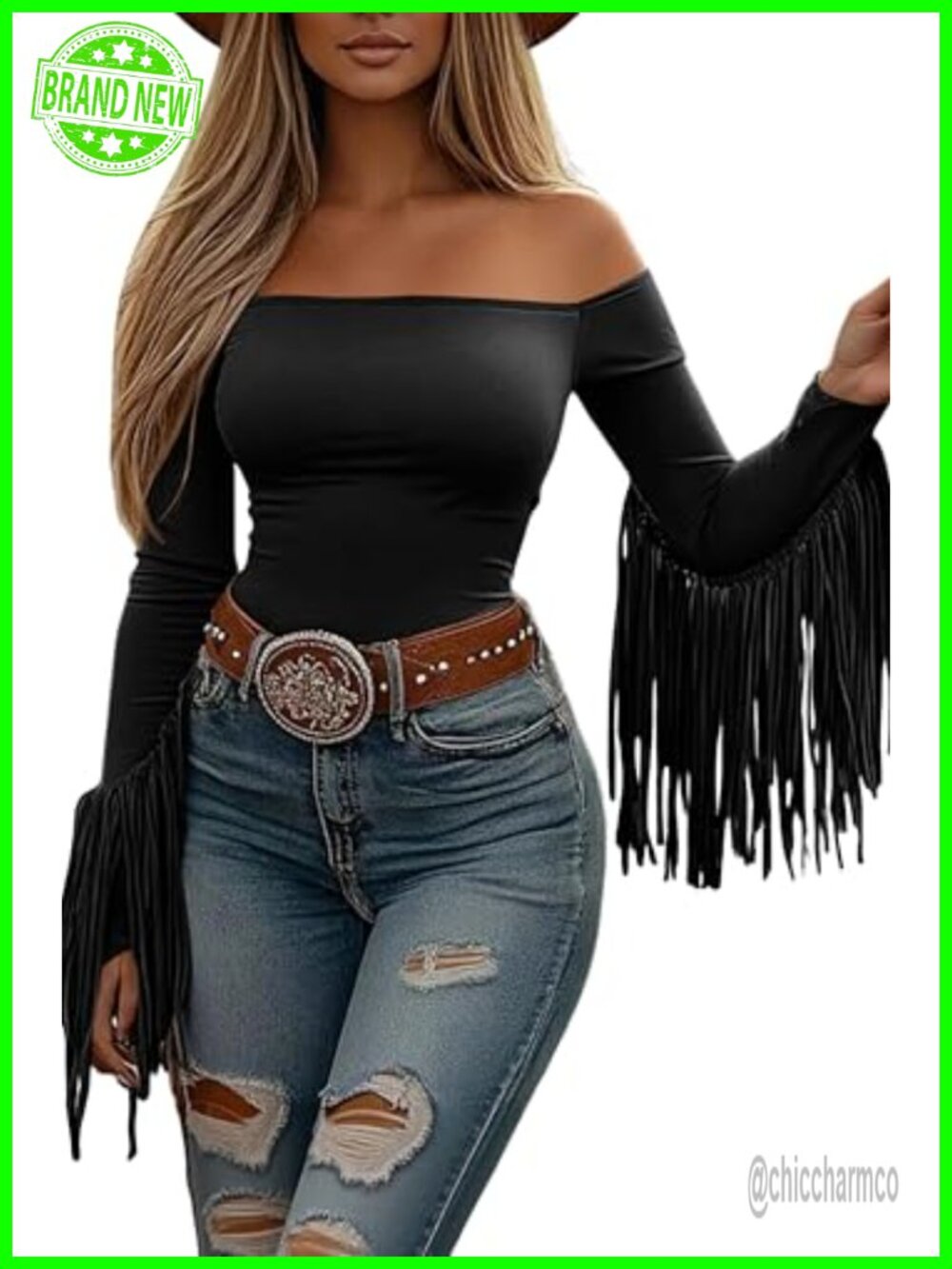 Off Shoulder Fringe Tops Women Western Cowgirl Long Sleeve Crop Tassel